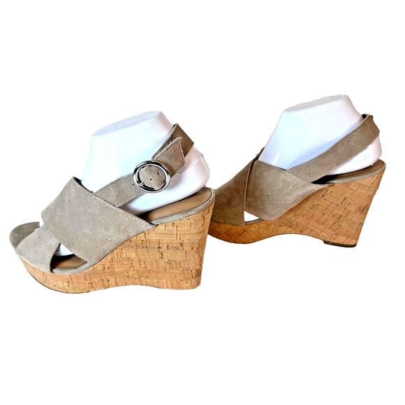 Franco Sarto Sari Wedge Sandals Womens US 9 Taupe Leather Cork Wedge Heels Shoes - Picture 3 of 8
